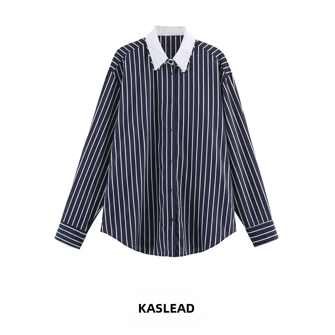 KASLEAD Women's Stripe Silk Shirt Versatile Design Autumn Fashion Breathable Long Sleeve Flip Collar Polyester Fiber