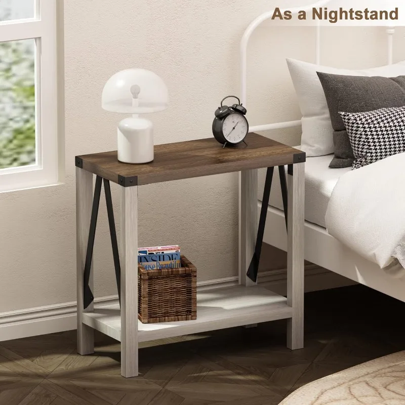 Farmhouse End Table Set Of 2, Narrow Side End Table With Storage Shelf, Rustic A-Design Nightstand Sofa Table For Livin