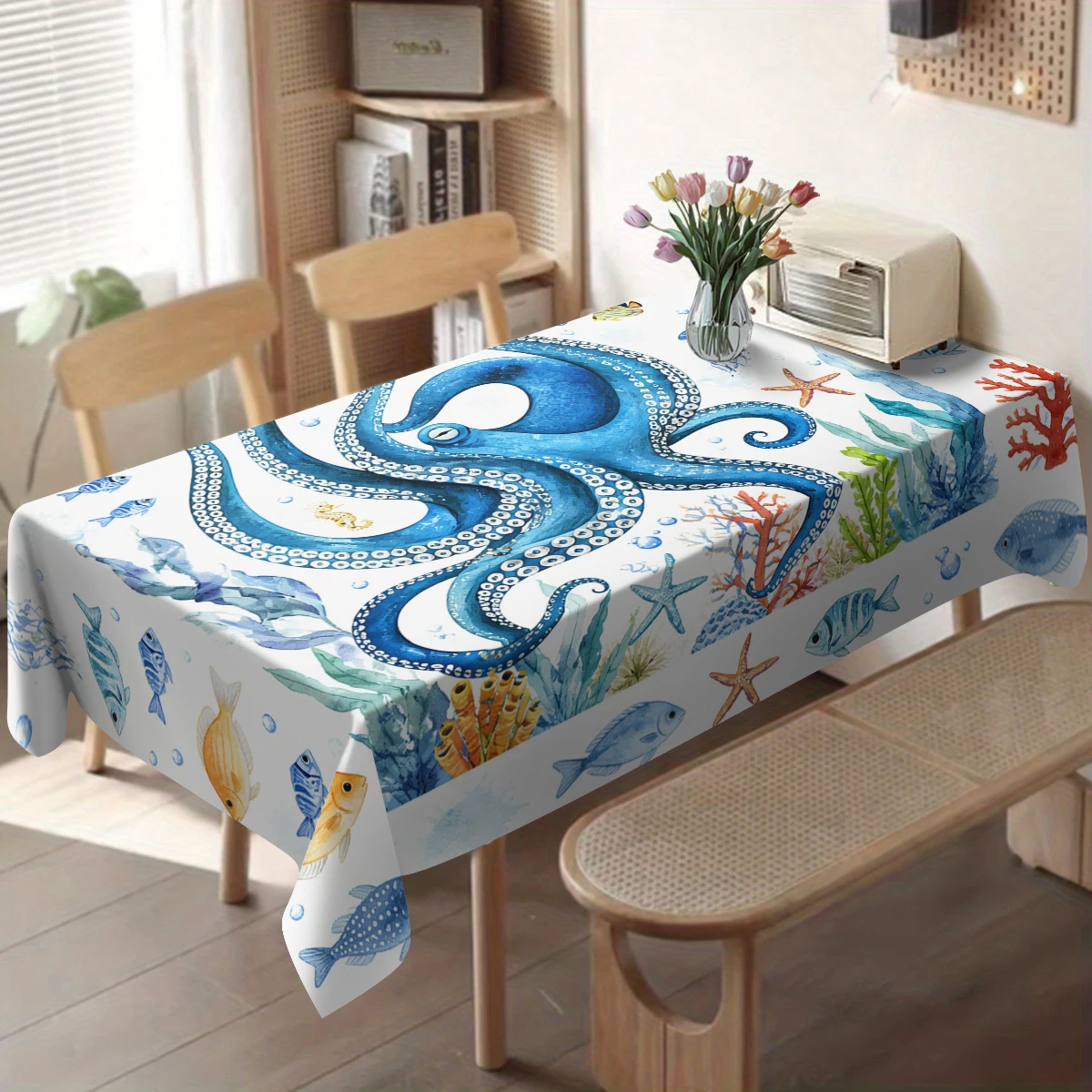 Coastal Seascape Pattern Polyester Tablecloth - Decorative Dining Table Cover, Stylish Beach Themed Home Table Decoration