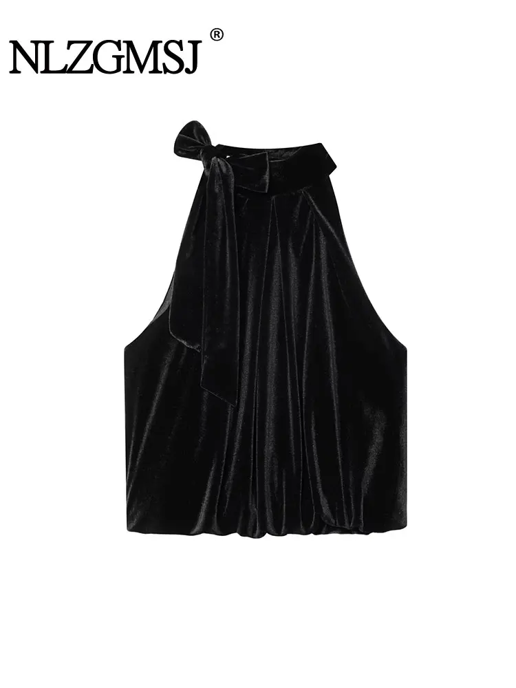 

NLZGMSJ Women's Top 2025 Autumn New Style Velvet Halter Neck Bow Top Sexy Fashion Versatile and Stylish Short Tops