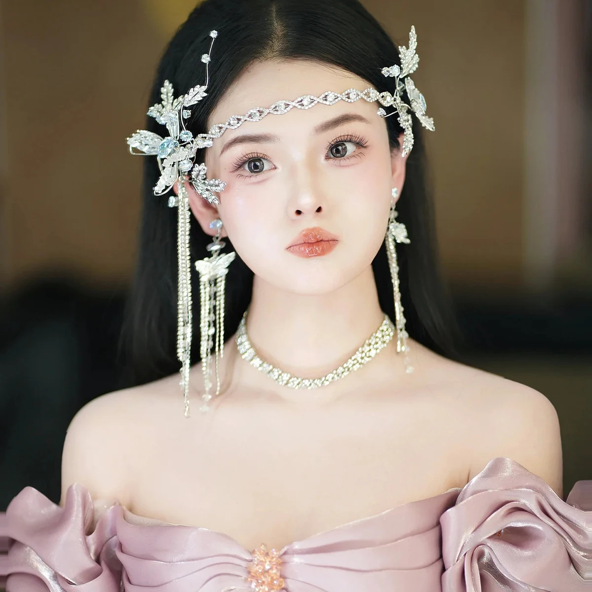 

High-End Tassel Crown Headwear Korean Style Bridal Headband with Edge Clip Earrings Luxury Crystal Accessory