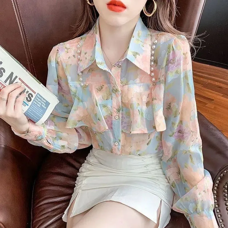 2024 Spring New Western Style All-match Pearl Ruffles Women Floral Chiffon Sweet Long Sleeves Flip Collar Shirt Thin Style Tops