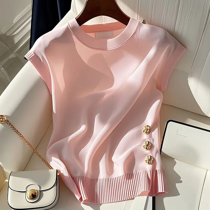 2025 New Korean Summer Round-necked Sweater Women Pullover Casual Chic Comfortable Slim Sleeveless Femme Knitwear Jumper Lady
