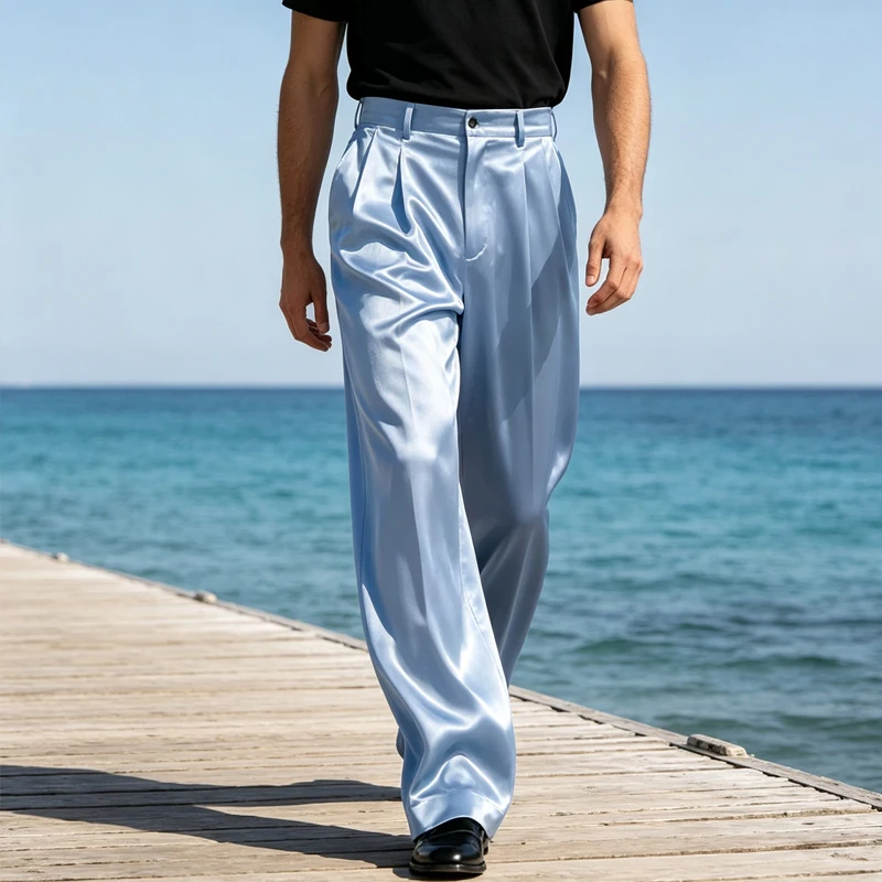 Luxury Men's Shiny Satin Pants High Waist Pleated Loose Wide Leg Trousers Glossy Lightweight Breathable Formal Wedding Party