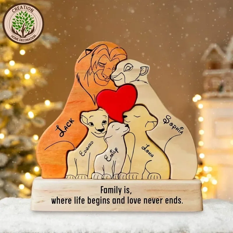 Personalized Art Family Puzzle Free Custom Name Wooden Lion Puzzle Home Decor Gifts for Family Warm Gifts Anniversary Keepsake