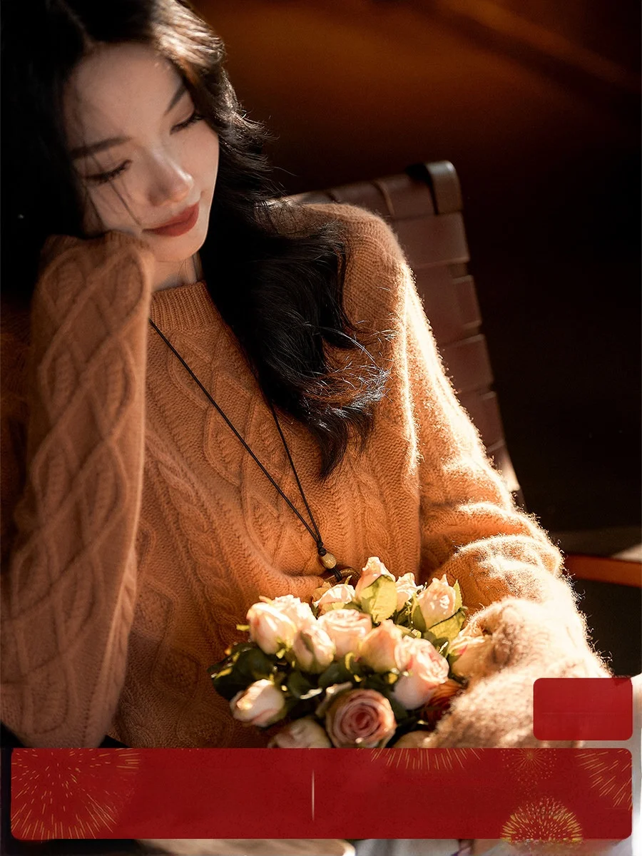 

Теплый вязаный шерстяной свитер Xhange в цвете оранжевое облако, зимний модный повседневный свободный крой, с длинными рукавами, топ для женщин