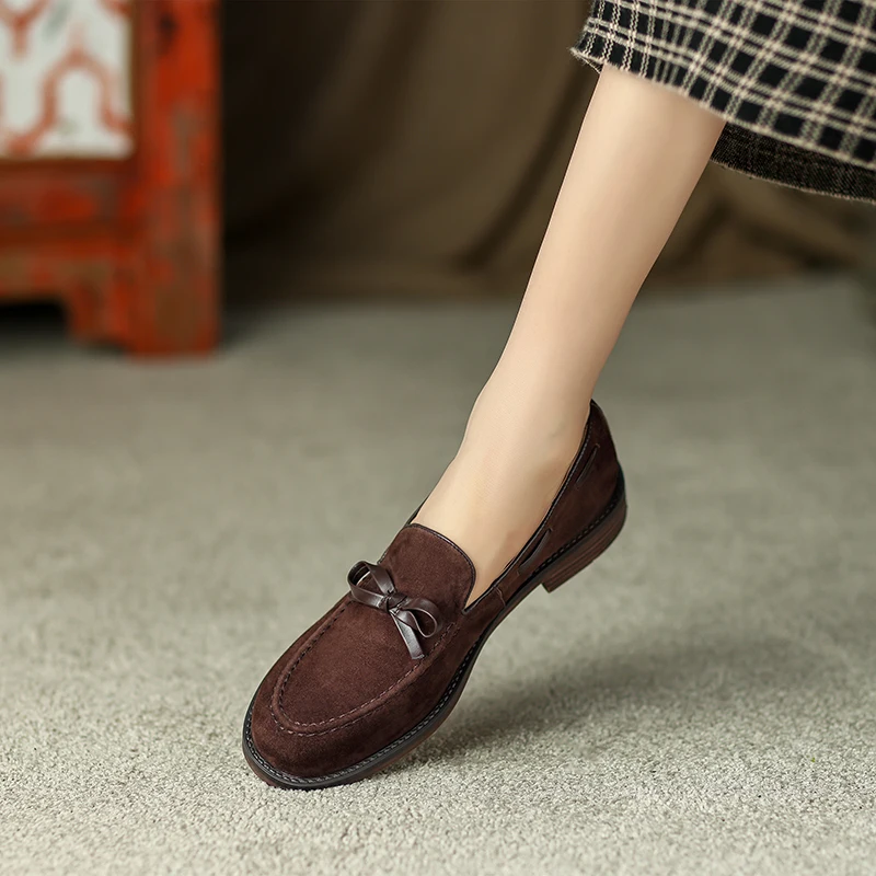 2023 Fashion Spring/Autumn Women Loafers Cow Leather Round Toe Chunky Heel Women Shoes Casual Bow-knot Low Heel Pumps for Women