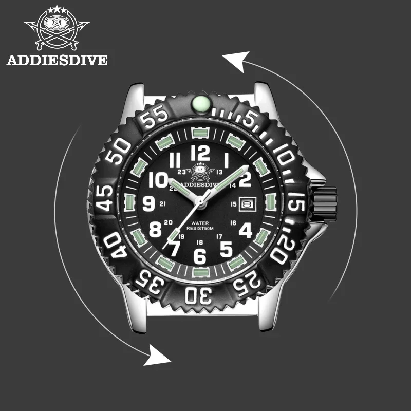 ADDIESDIVE Men\'s Watch Calendar Display 50m Waterproof Green Tube Luminous High Quality Quartz Watches Reloj Hombre