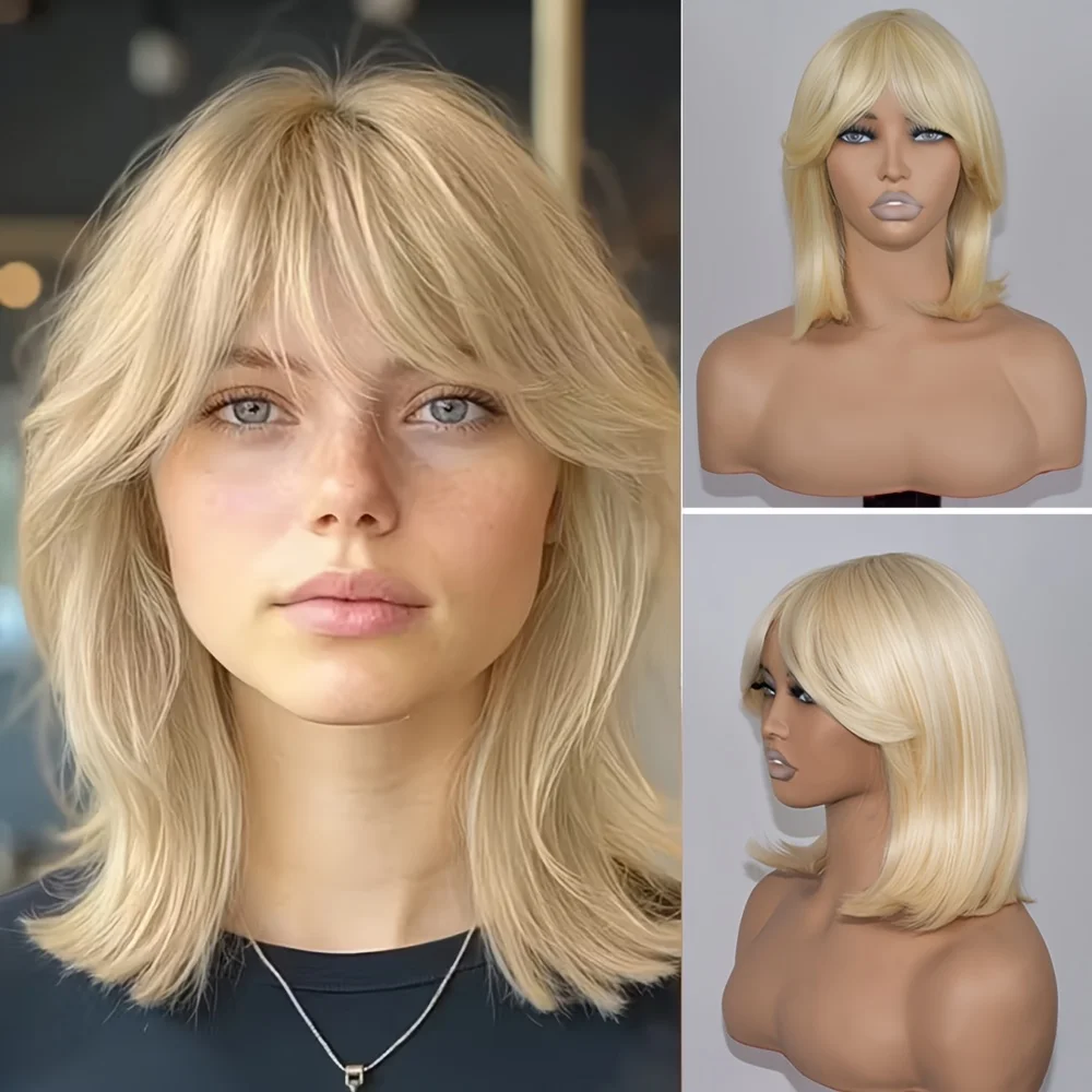 

Elegant Lady Golden Blonde Bob Wig with Bangs _ Straight Synthetic Heat Resistant Wig