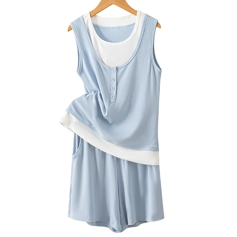 Sleeveless Tank Top Shorts Pajama Set for Women Homewears Plus Size Contrasting color fake two-piece Loungewear