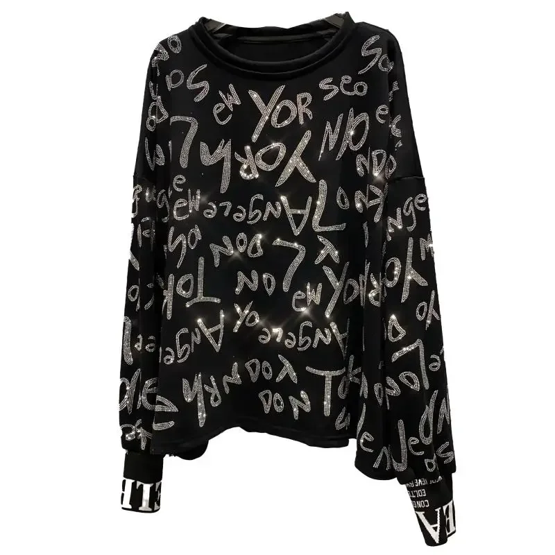 Letter Rhinestone round Neck Pullover Thin Hoodie 2023 Spring Autumn New Hot Drilling Long Sleeve Stitching Sweatshirt for Women