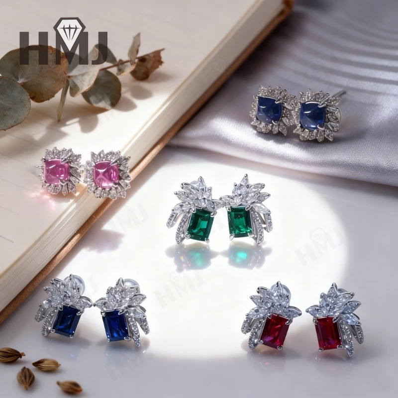 

Серьги изумрудной огранки с рубином и сапфиром, розовые и синие модные украшения для женщин, идеально подходящие для рождественских или пасхальных подарков