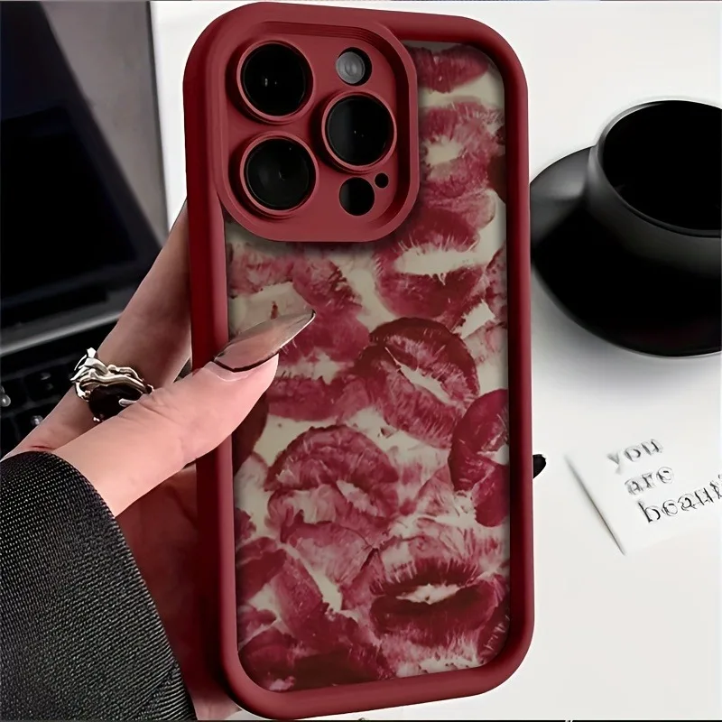 Valentines Wine Red Lip Print Soft TPU Shockproof Phone Case For iPhone 17 16 15 14 Pro Max 16E 13 12 11 XS X XR 7 8 Plus Cover - náhled 2