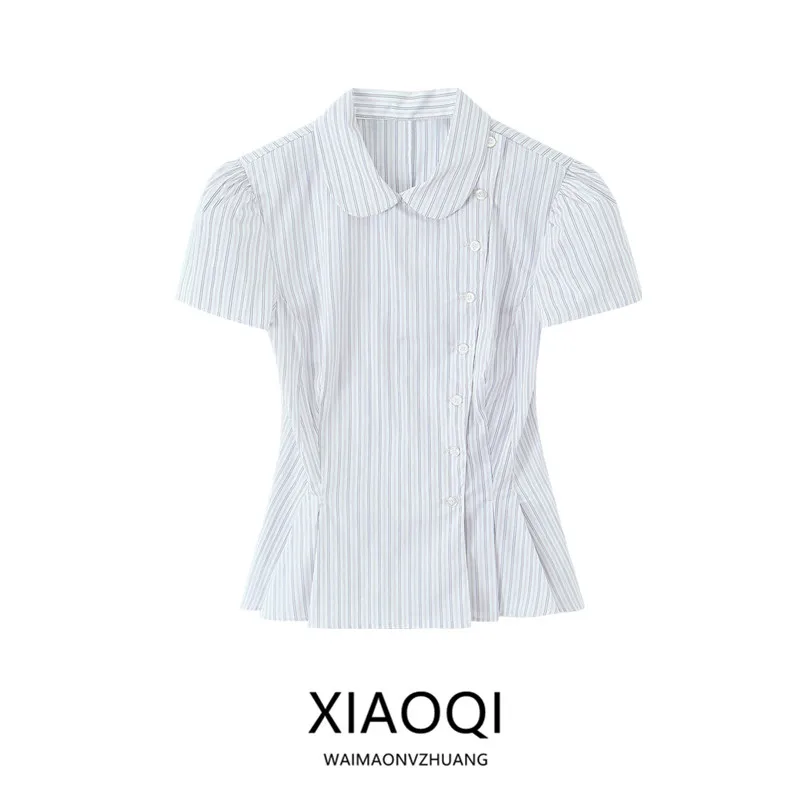 

Spring Summer 2026 New Design Short Sleeve Doll Collar Striped Shirt Women's Fashion Commute Style Slim Fit Other Material 100%