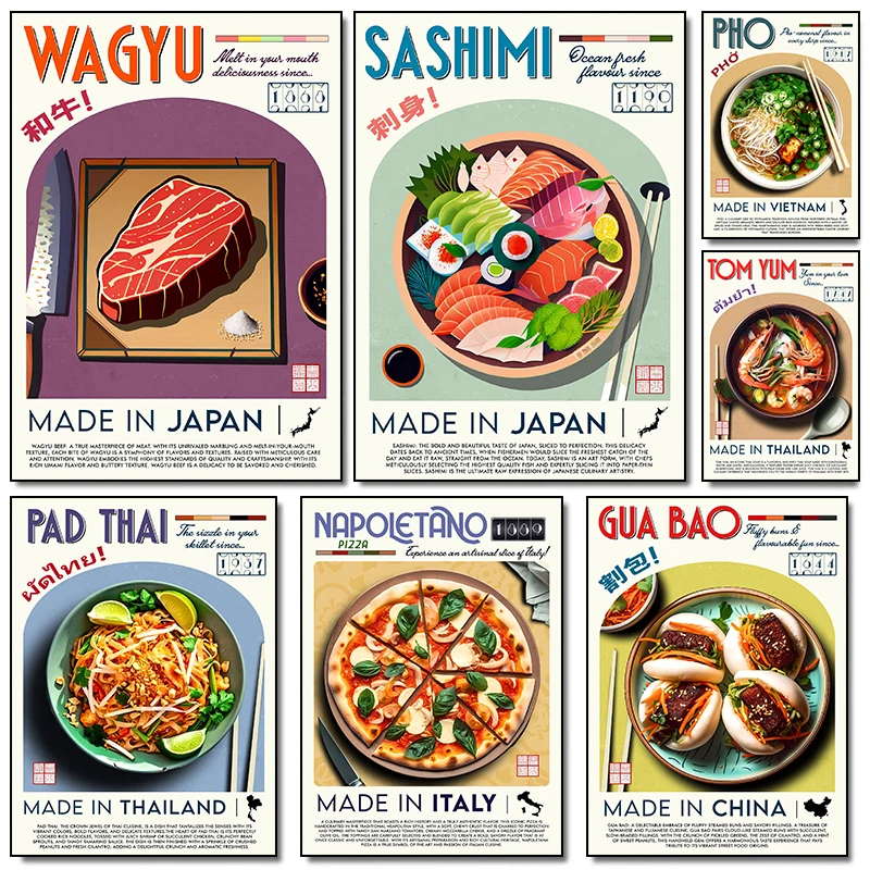 Asian Japanese Vietnam Street Food Hand-Pulled Noodle Tom Yum Goong Soup Poster Canvas Painting Wall Pictures Home Kitchen Decor