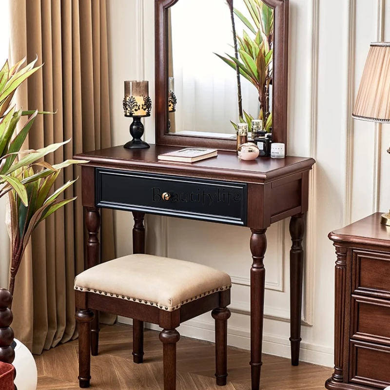 

05-French medieval solid wood dressing table, black retro 80cm small dressing table, master bedroom with mirror makeup table