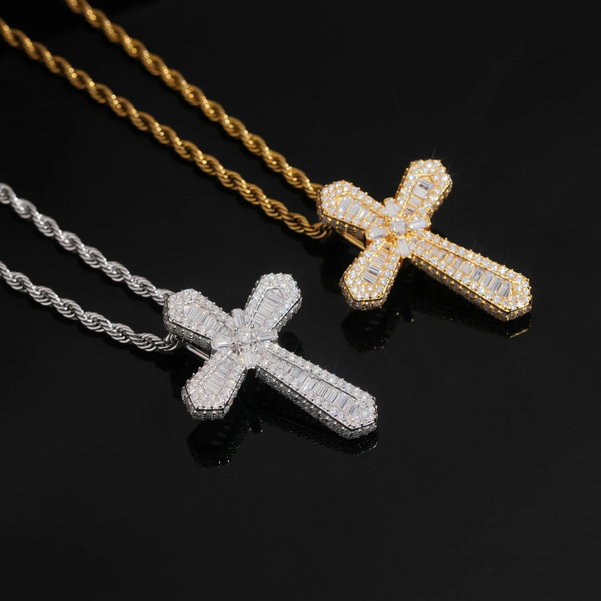 Iced Out Cross Pendants. 925 Silver with Moissanite Inlay, Hip-Hop Bow Cross Pendant, Mother's Day and Father's Day Gifts