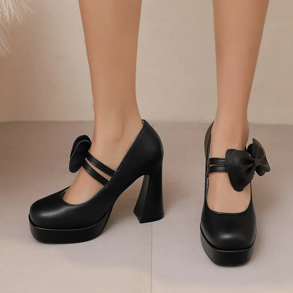 

Женские туфли на высоком каблуке, весенние, элегантные, модные, с бантом, квадратным носком, ремешком с пряжкой, для вечеринок, свадебные, на платформе, большие размеры 45 T85
