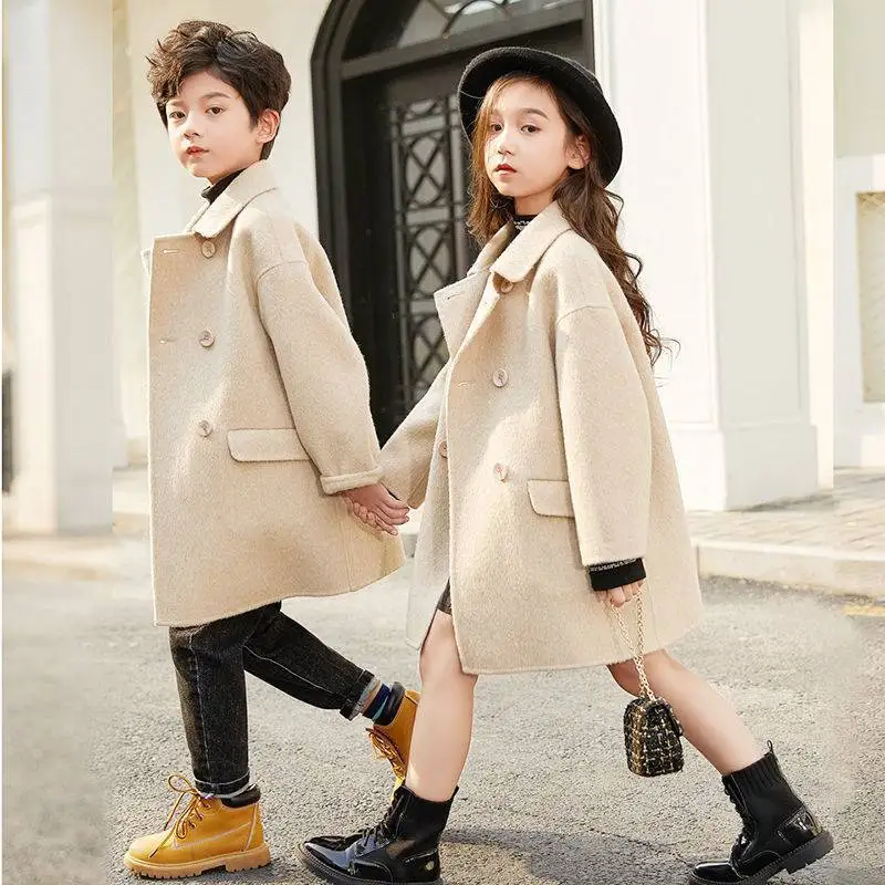 Girls Wool Coat Jacket Outerwear 2022 Beige Warm Thicken Plus Velvet Winter Autumn Cotton School Teenagers Children\'s Clothing