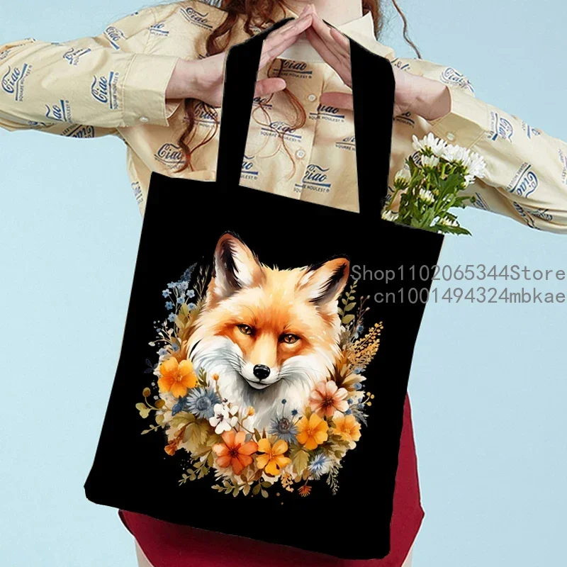 Watercolor Animals Print Shoulder Bag Women Men Cartoon Fox Tote Bags Casual Large-capacity Teen Shopping Bag Canvas Handbag