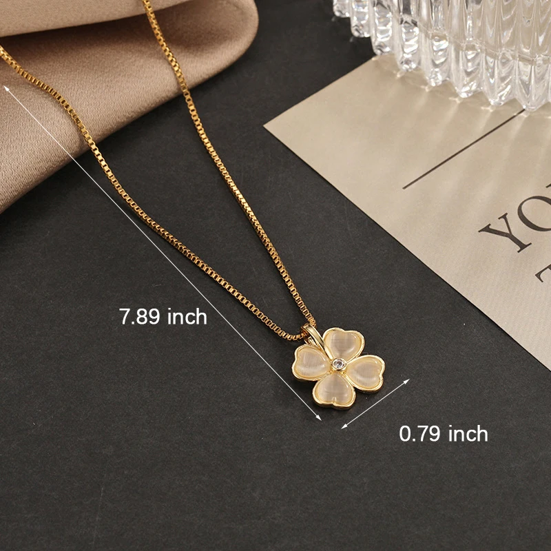 Lucky Clover Necklace Women Gold Plated Cat\'s Eye Flower Petal Lock Bone Chain