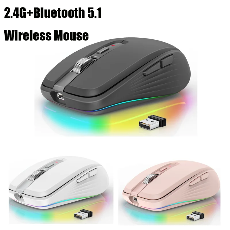 2.4G Dual Mode Bluetooth 5.1 Wireless Mouse Mute Computer Mouse Rechargeable Laptop PC Mice Gaming RGB Light Emitting Mouse