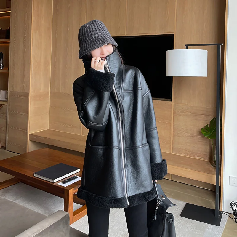 Frauen Leder Jacken 2025, Neue Scheren Echtem Schaffell Leder Mäntel Solide Einfache Pelz Futter Winter Warme Mantel MH5046LB