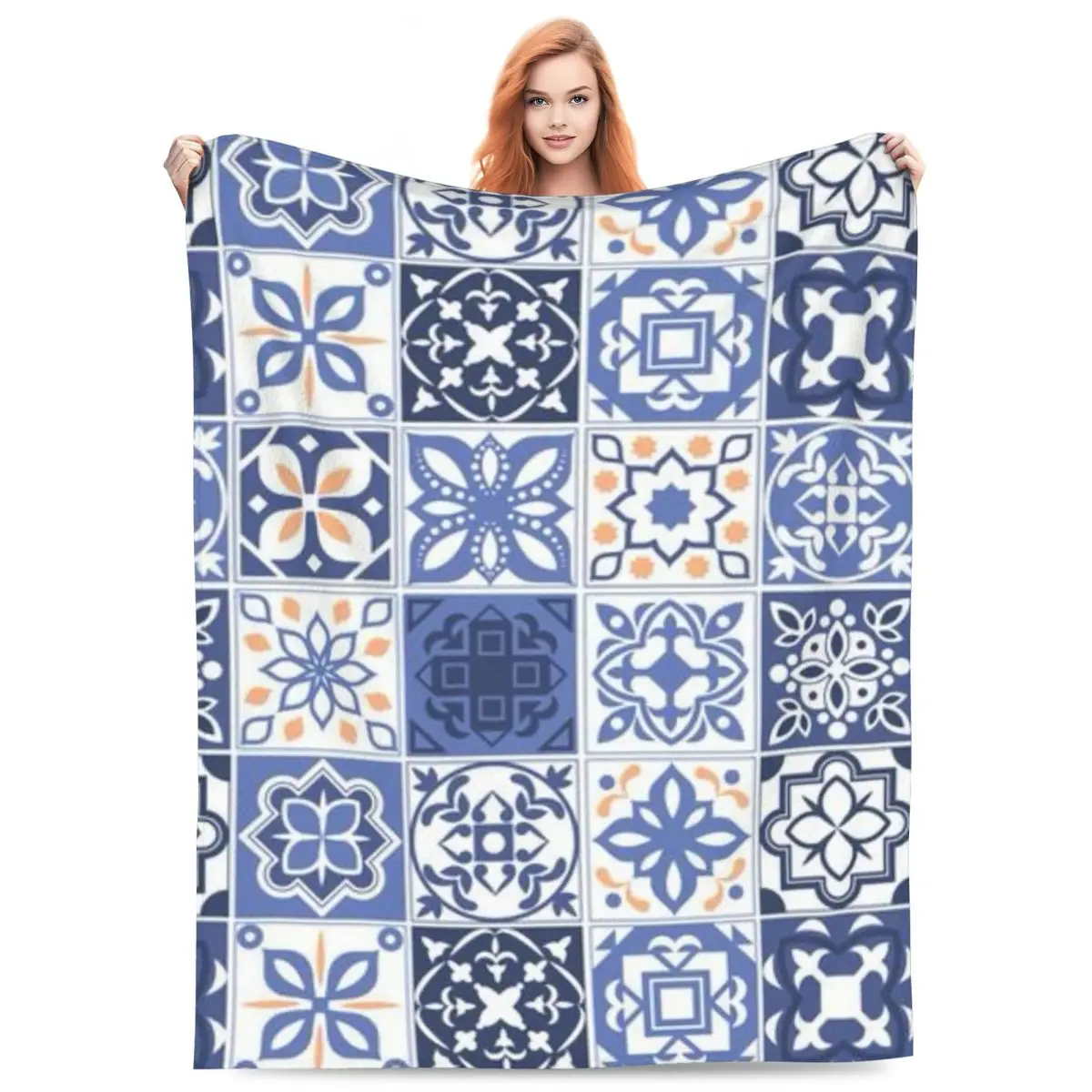 Blue Portuguese Tile Portugal Azulejo Flower Blanket Flannel Sofa Throw Blanket  for Home Bedroom Throws Bedspread Quilt