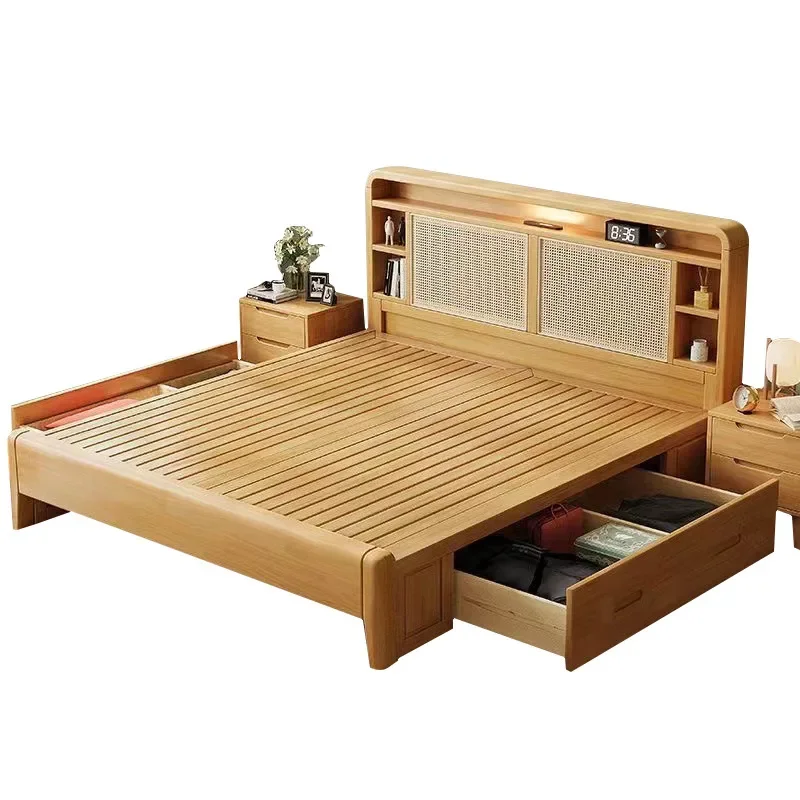 Solid wood rattan bed log storage double bed home master bedroom bed