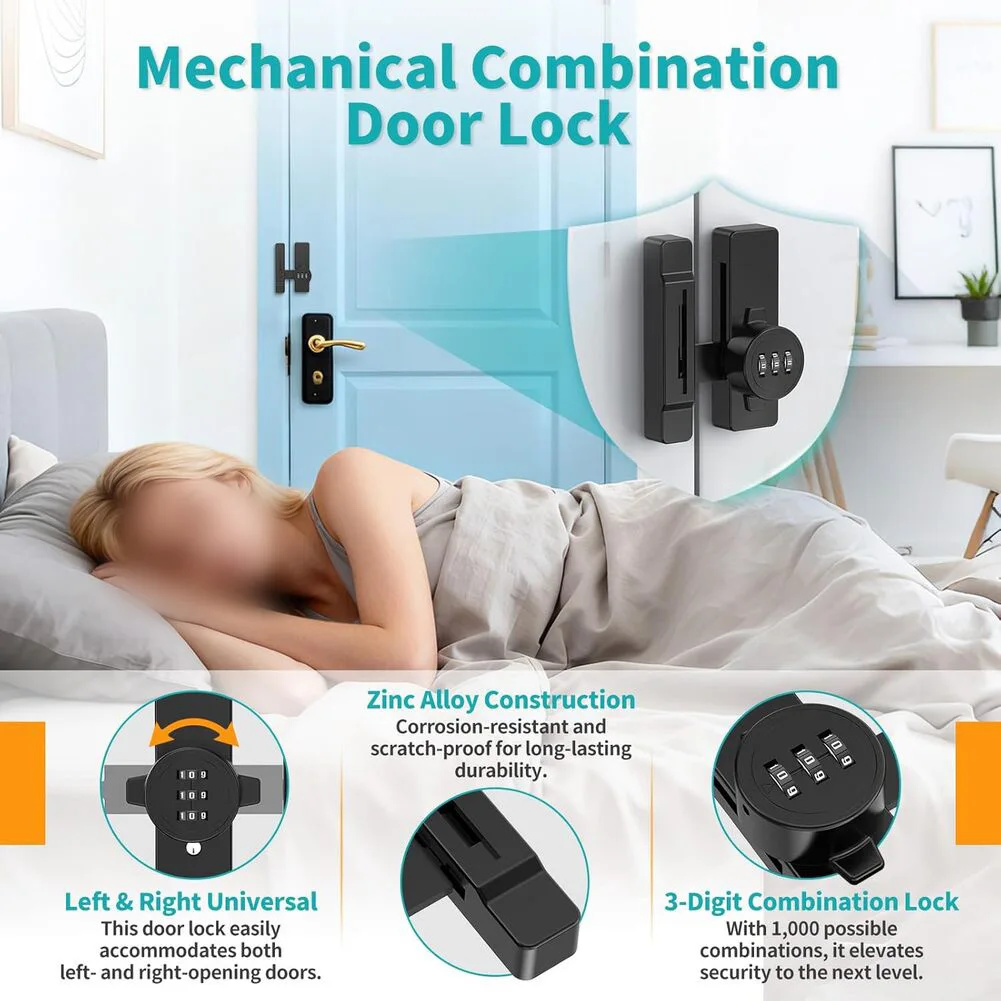 Zinc Alloy Keyless Barn Door Lock with 3 Digit Combination 90 Degree 180 Degree Installation Compatible Security Latch