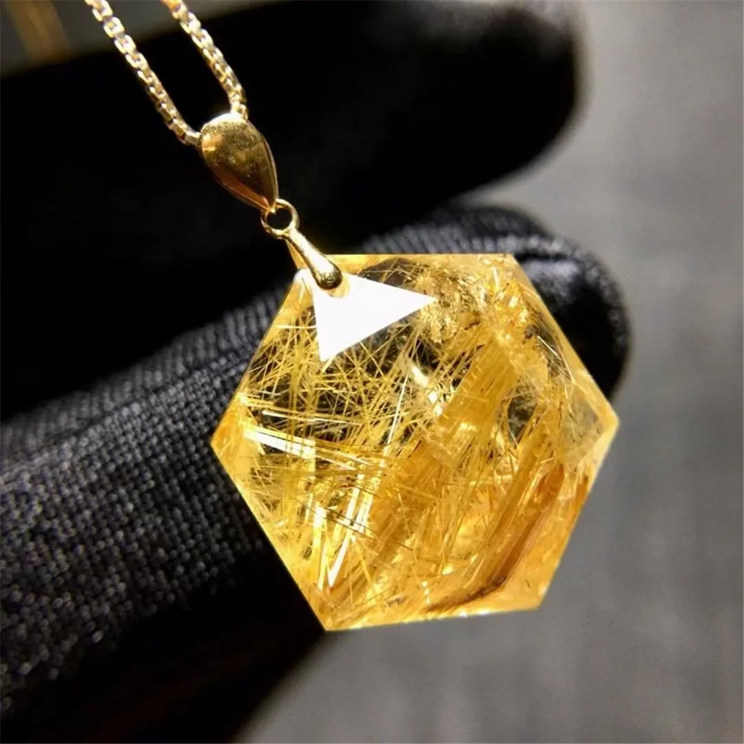 Natural Gold Hair Rutilated Quartz Pendant Necklace Jewelry For Woman Man Healing Gift Crystal 18x11x3mm Beads 18K Gold AAAAA