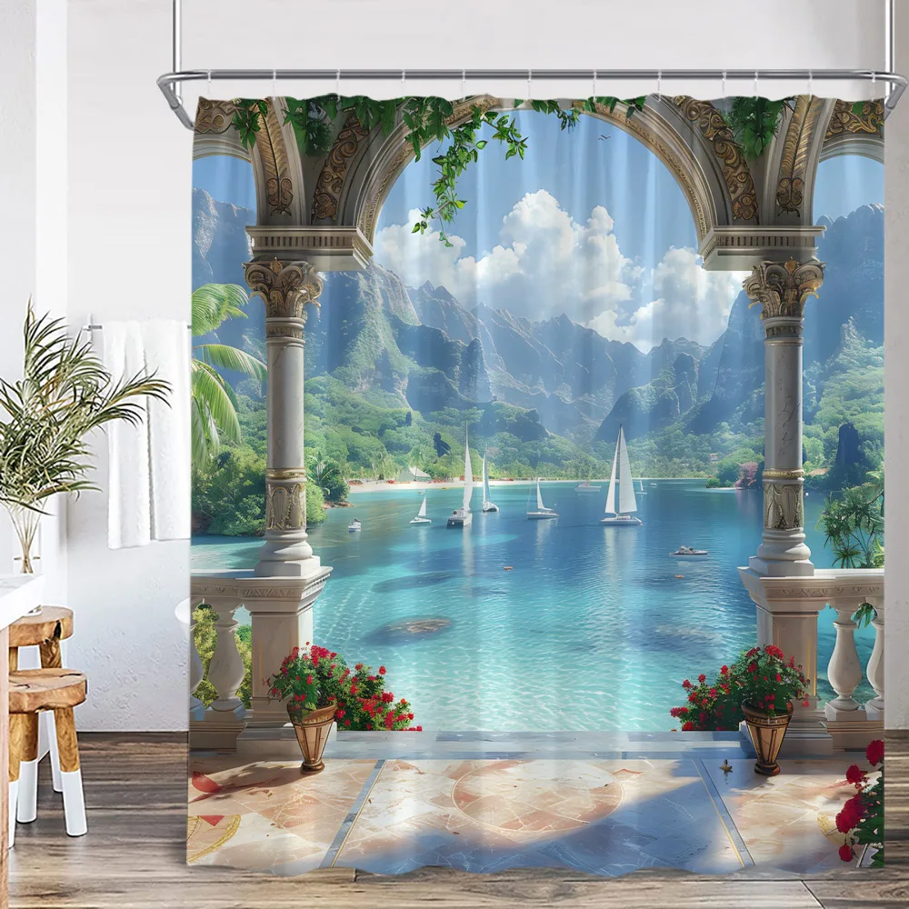 European Arch Door Roman Column Shower Curtain Green Vine Flower Plant Outdoor Scenery Sailboat Island Bathroom Bath Curtain