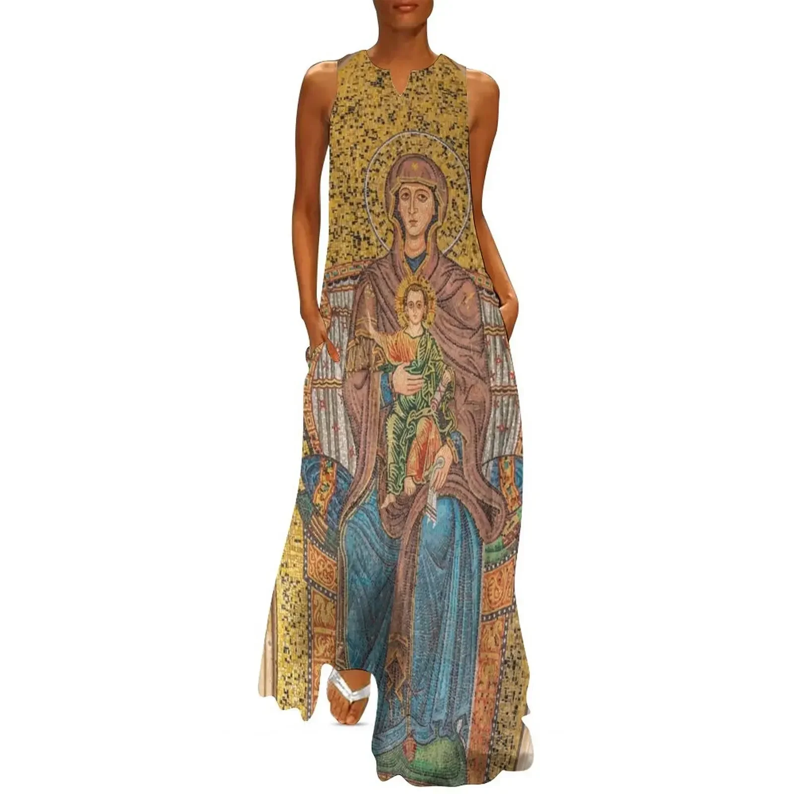 

Ancient Golden Mosaic of Madonna and Child on a Wall in Syracuse, Sicily, Italy Long Dress summer dress women 2025 Dress