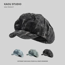 Korean Version of Personalized Old Denim Hole Design Beret Women's Spring and Autumn Large Version Casual Octagonal Painter Hat