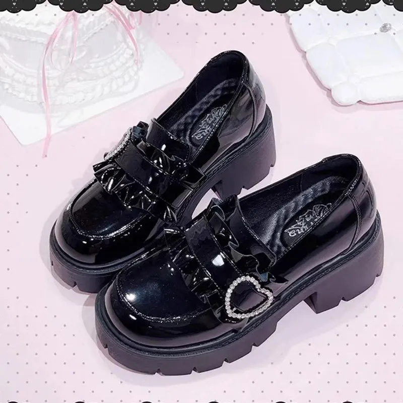 Vintage dicke Sohle, schwarze Lolita JK-Schuhe, hohe Absätze, kleine Lederschuhe im französischen Akademie-Stil, Mary Jane Schuhe