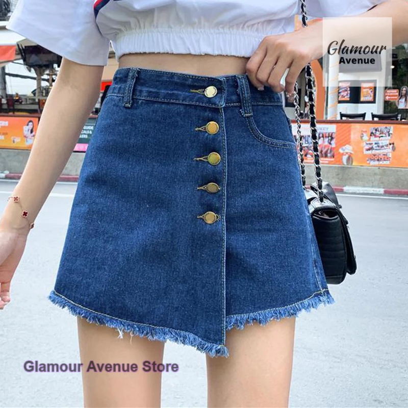

Korean style fashion temperament fake two-piece shorts skirt female summer high waist single-breasted raw denim shorts skirt.