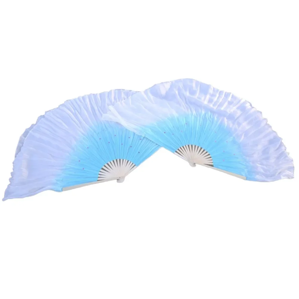 100% Silk Belly Dance Short Fans 1pc Right Hand Turquoise to White Gradient Color Double Layered Dance Short Fans
