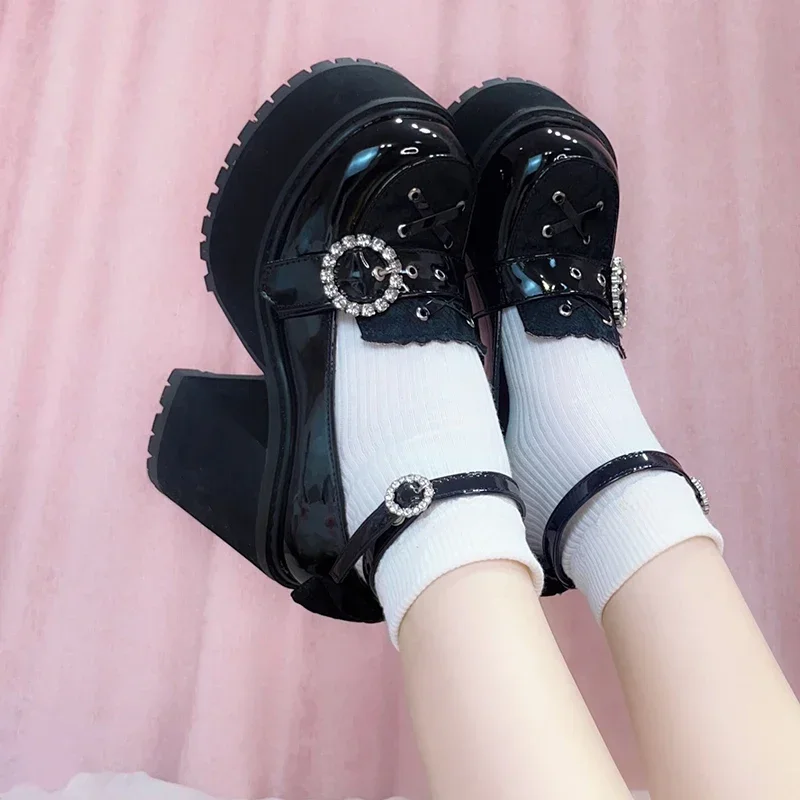 Fashion Punk Women's Party Platform Shoes 2023 Spring and Autumn Sweet Cute Diamonds Bow Lace Up Round Toe High Heels Shoes