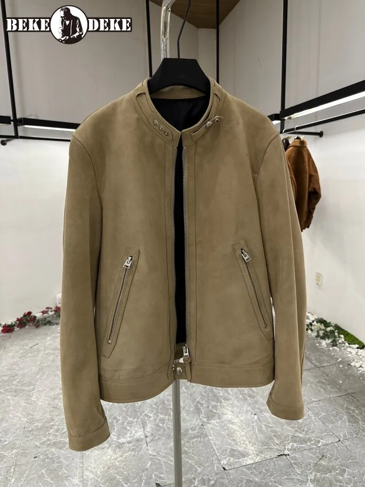 High Quality Mens Classic Genuine Leather Pilot Coat Stand Collar Vintage Suede Sheepskin Bomber Jacket Autumn Casual Outerwear