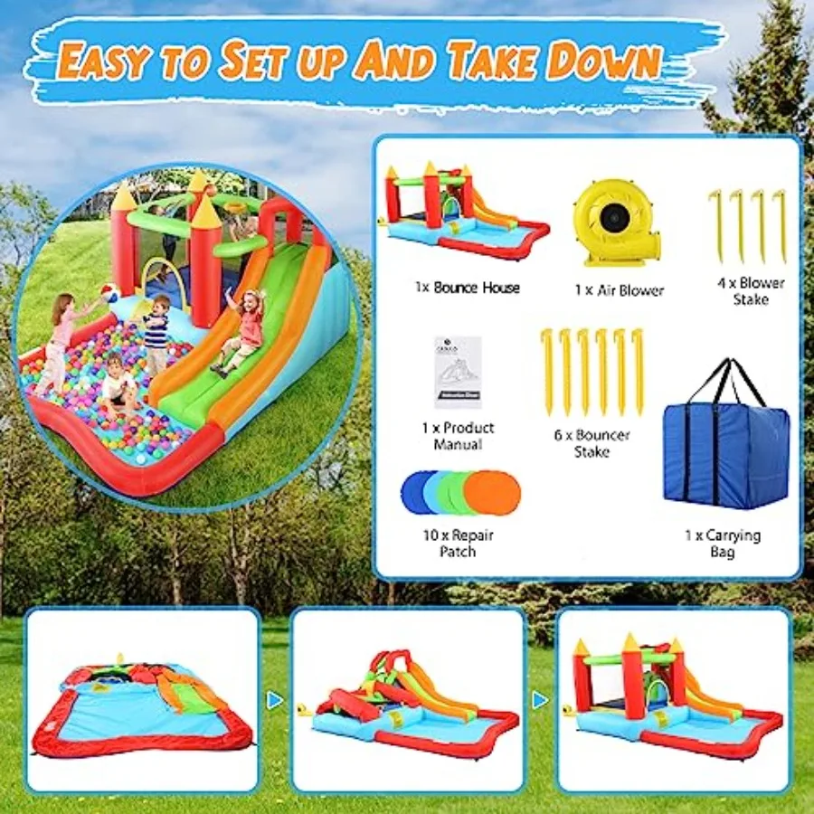 Casa de rebote, castillo de rebote inflable con soplador para niños de 3 a 12 años, parque acuático de casa inflable para exteriores/interiores (146" x 103" x 73")