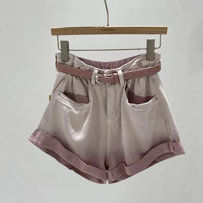 

Корейские джинсы-шорты с высокой талией и широкими штанинами, с отворотами, в градиентной расцветке, для девушек, маленький размер, новинка лета 2024