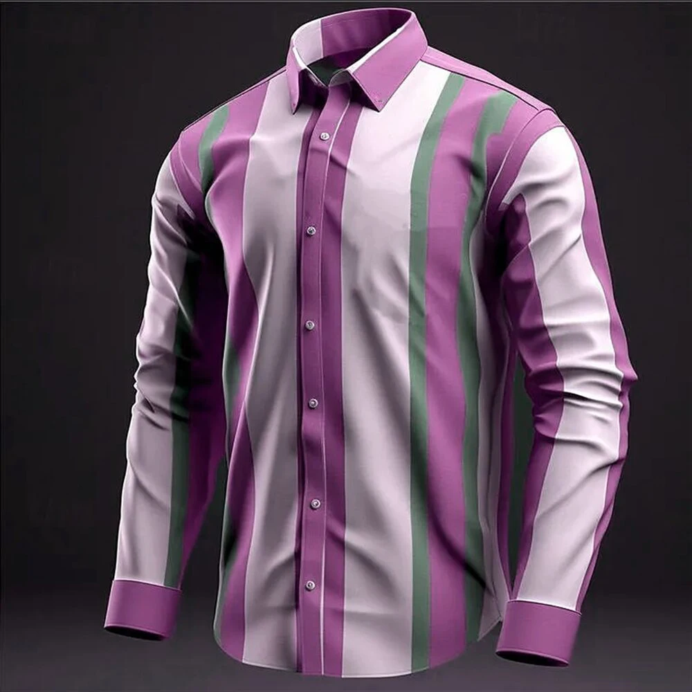 Men's Colored Stripe Contrast Color 3D Printed Button Long Sleeve Shirt Comfortable Breathable Men's Shirt Slim Design Men's