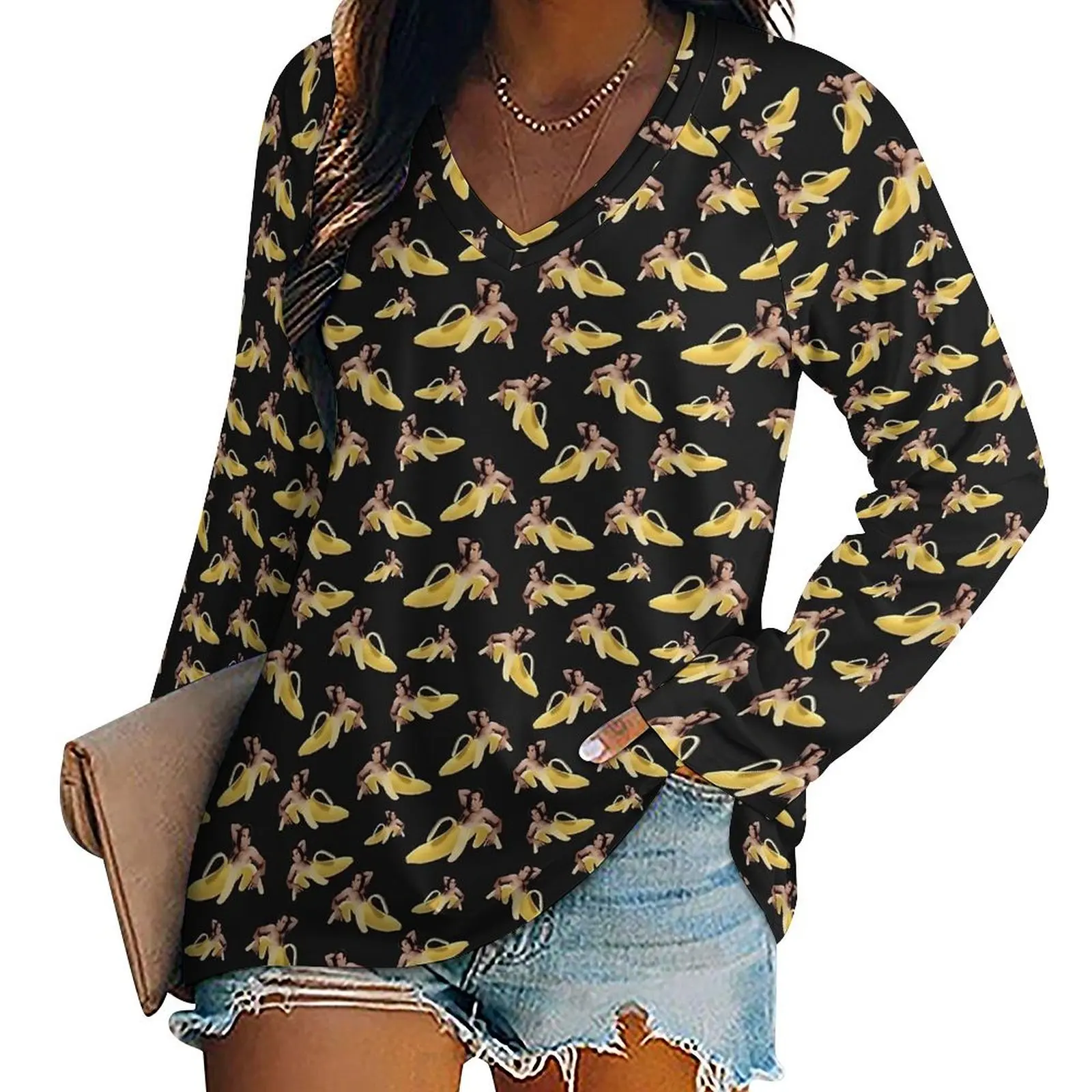 Camisetas Meme Nicolas Cage Banana, camiseta de moda coreana, camiseta gráfica moderna de manga larga, ropa de mujer de talla grande 4XL 5XL
