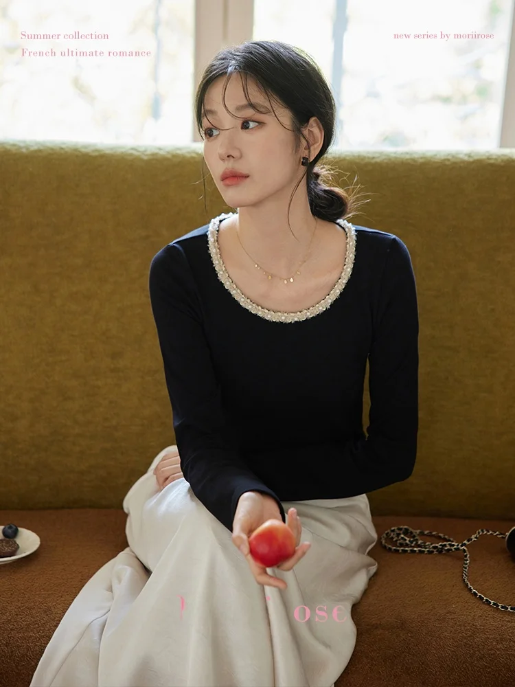 

Moriirose Bla Splicing Long Sve футболка женская осенняя винтажная утягивающая круглая футболка Ne Top Commute Sle Fiber Blend