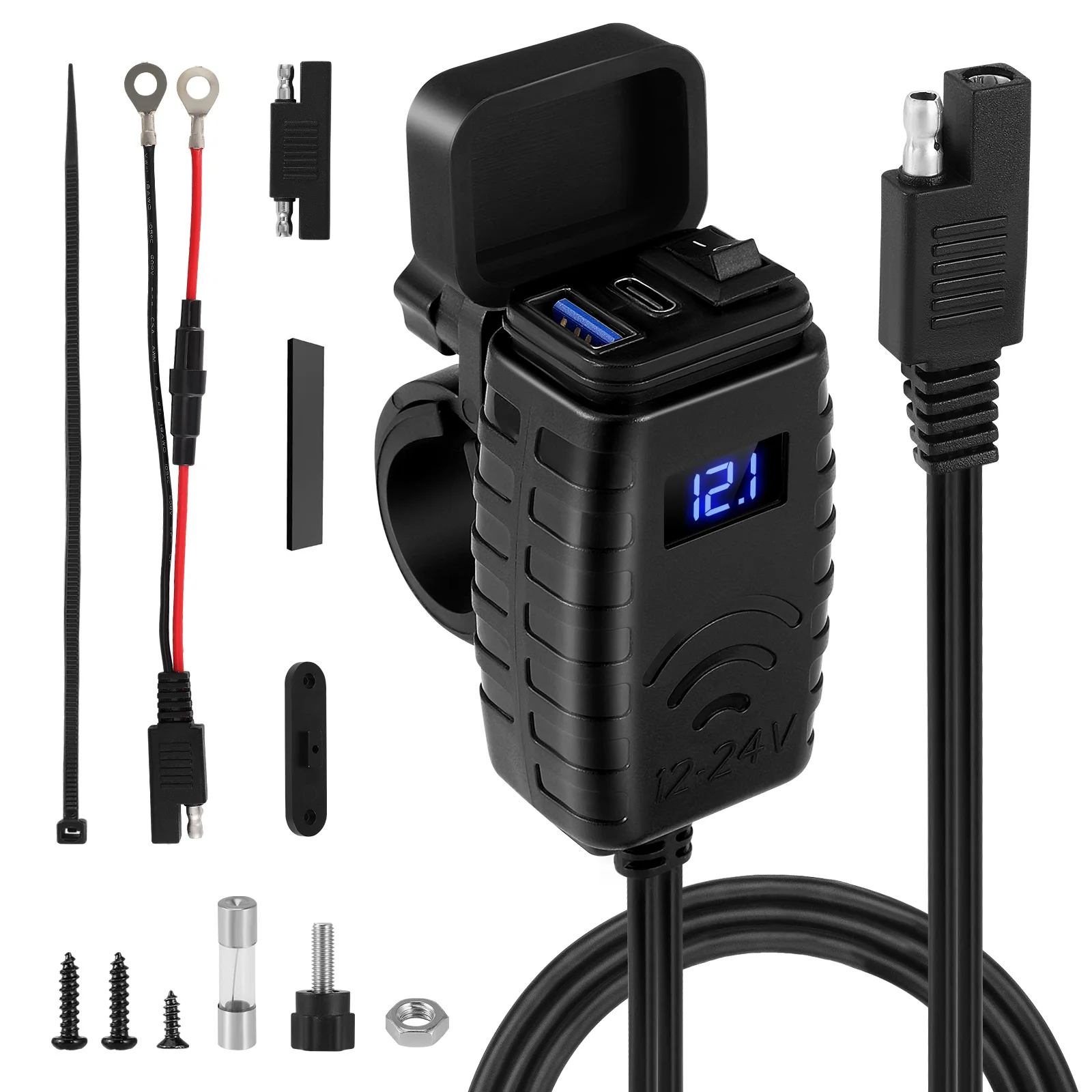 

USB C Socket 12 V Motorcycle Charger 48 W QC3.0 USB With Switching And LED Voltmeter For 12 V ~ 24 V Car Motorhome Car Boat