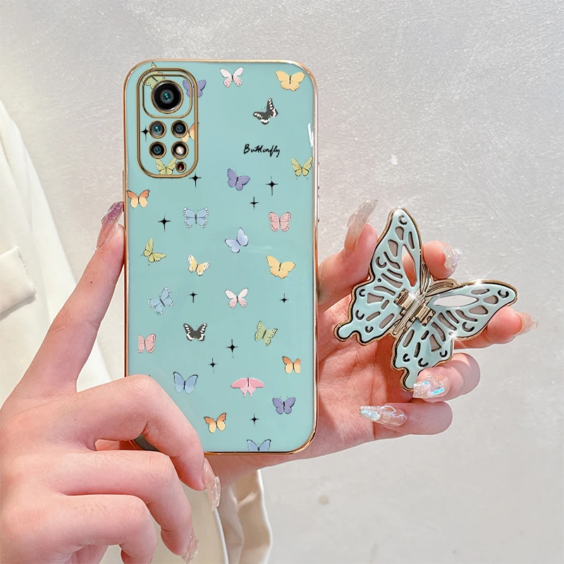 N ote 11 Little Butterfly Plating Holder Phone Case For Xiaomi Redmi Note 11S 11TPro 11EPro 10T 11Pro 11T 11SE 12R 12S 12 Cover