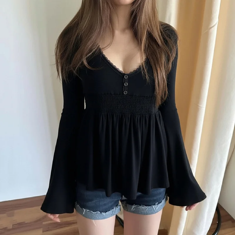 

American Style Spicy Girl Lace Patchwork V-neck Buckle Long Sleeved T-shirt Sexy Waist Cinching Black Base Shirt Top For Women