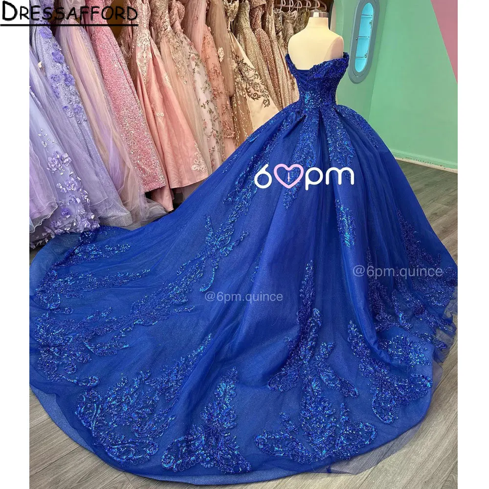 Vestido de quinceañera de encaje con apliques de lentejuelas en Azul Real, vestido de quinceañera con hombros descubiertos, corsé con cuentas de cristal Para Años XV