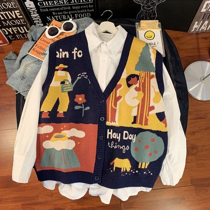 Vintage Print Sweater Vest Women Harajuku Cartoon Knitted Cardigan Waistcoat Japanese Sleeveless Knitwear Winter V Neck Jumpers