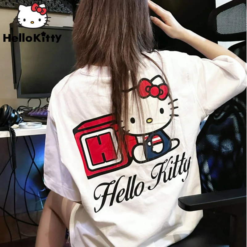 Sanrio Hallo Kitty niedlichen weißen T-Shirt Frauen neue koreanische y2k Streetwear Campus-Stil schwarz Top weibliche übergroße 90er Jahre Kleidung Mädchen